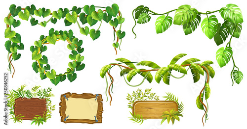 Set game wooden boards and branches liana and tropical leaves. Isolated gui elements plants of jungle and cartoon panels with space for text . Vector illustration on white background.