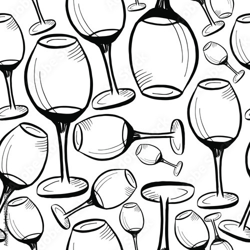 Wine glasses pattern, seamless vector background hand drawn sketch doodle wine glasses black on white background