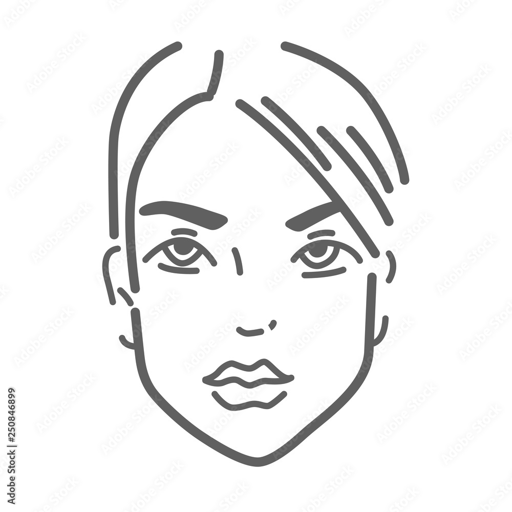 Fototapeta premium Young female face doodle icon isolated on white, hand drawn sketchy style