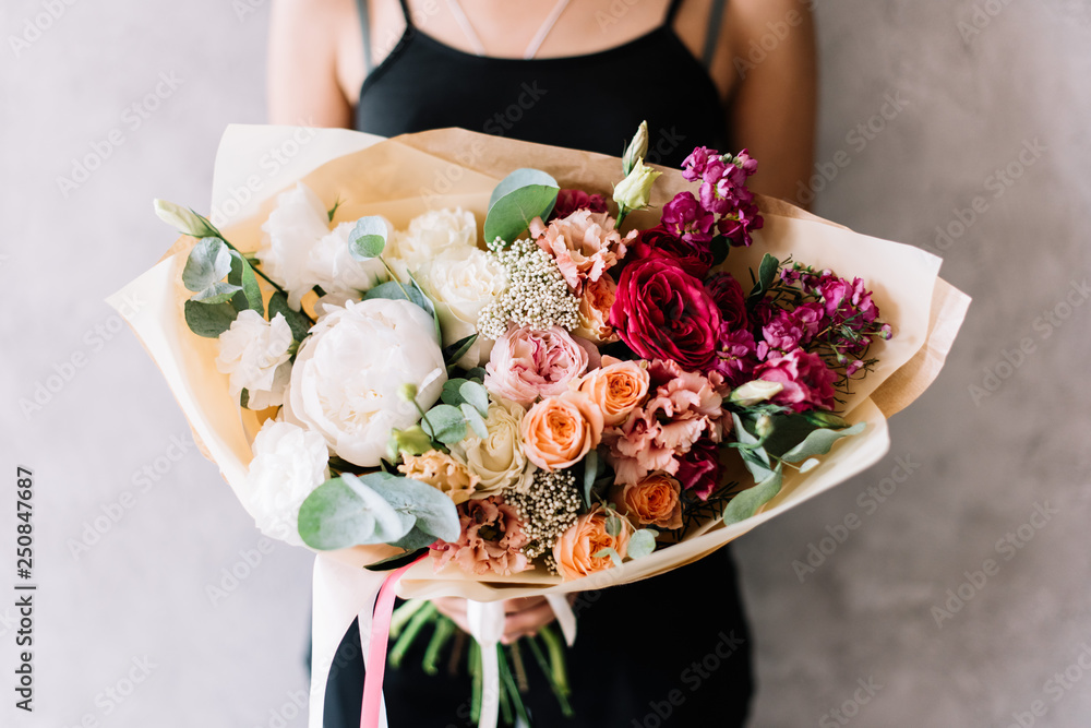 Beautiful Woman Holding Flower Bouquet Roses Carnations Stock