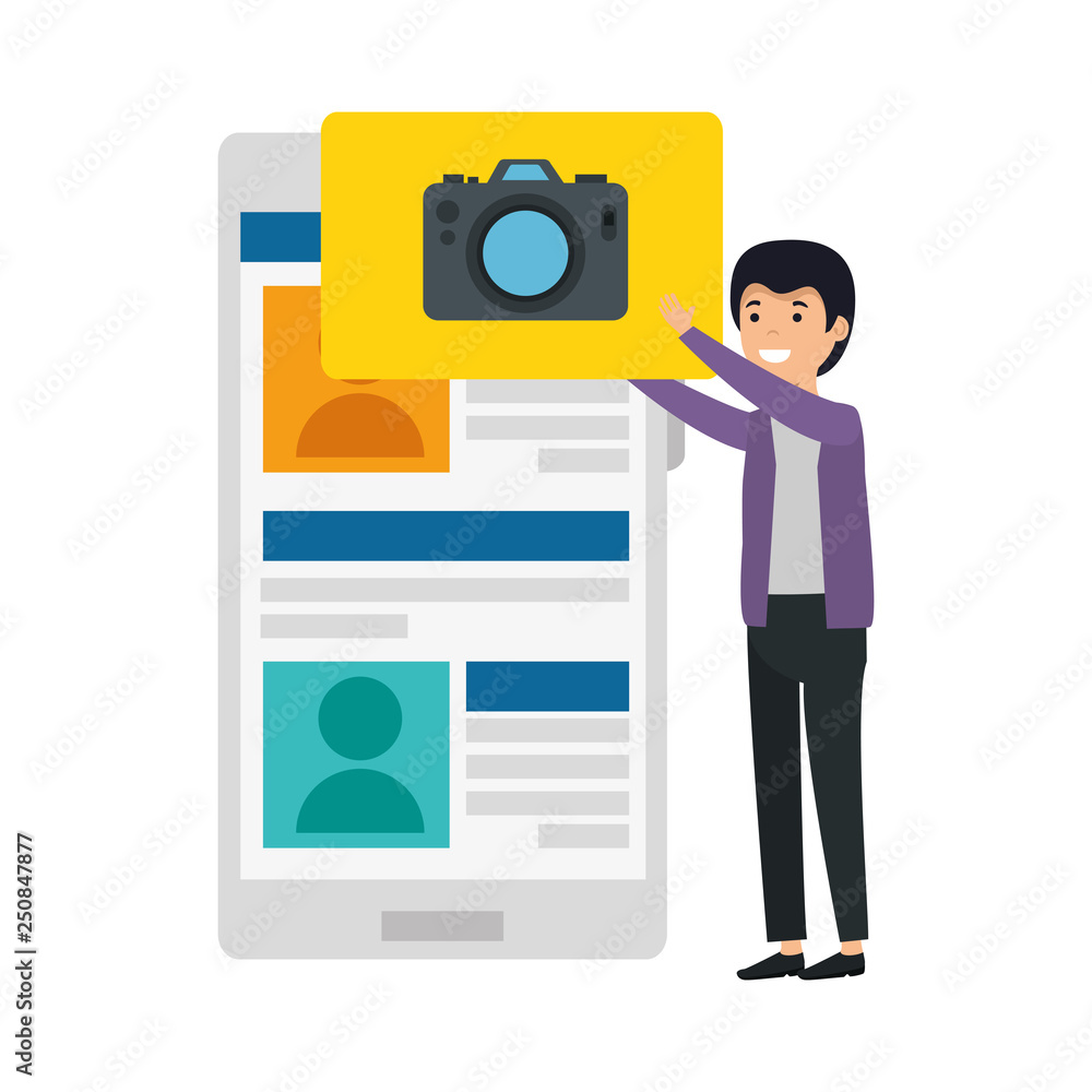 young man with smartphone and camera app young man with smartphone and camera app
