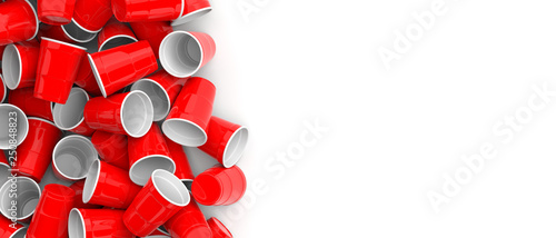 Konstfotografi Plastic red color disposable cups pile on white background, banner
