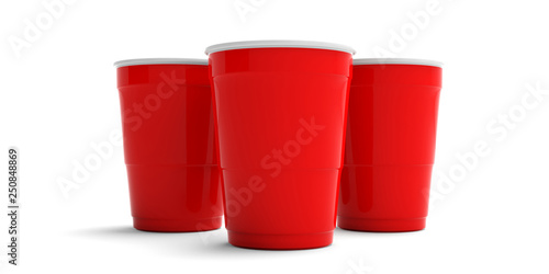 Plastic red color cups isolated on white background. 3d illustration