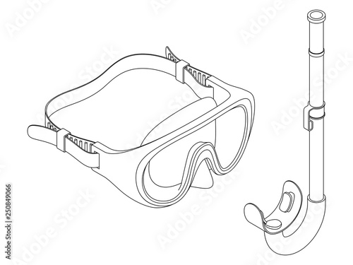 Swimming set. Snorkel and mask in isometric view, black and white contour vector illustration on a white background.