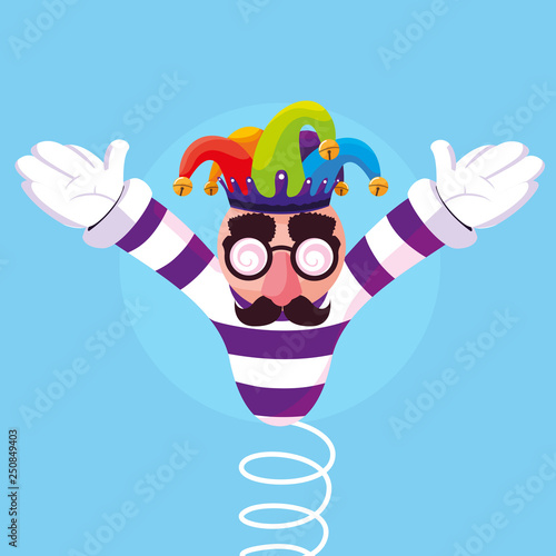 april fools day with crazy face and joker hat in spring