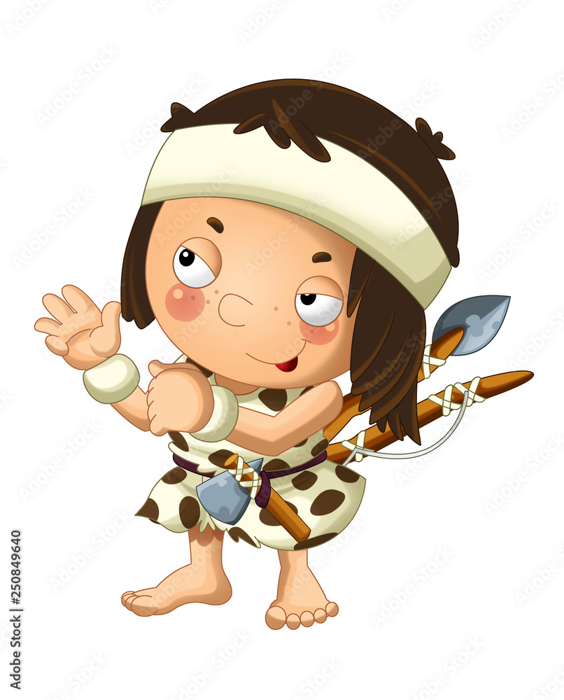 cartoon scene with happy caveman barbarian warrior fisherman with spear and axe on white background illustration for children cartoon scene with happy caveman barbarian warrior fisherman with spear and axe on white background illustration for children
