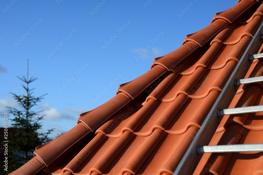 Leiter auf Haus Dach bauen mit neuer Dachdeckung aus roten Dachziegeln vor  blauem Himmel Stock Photo | Adobe Stock