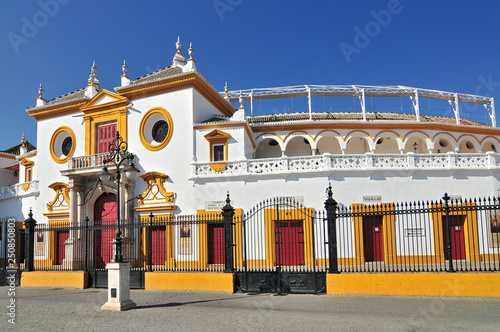 Spain, Andalusia, Sevilla, Plaza de Toros de la Real Maestranza de Caballeria de Sevilla, the Baroque facade of the bullring. photo