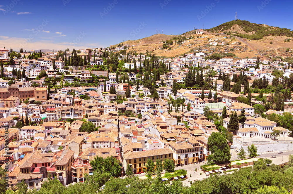 A view of Granada and part the Albayzin (Albaicin) quarter, as seen from the Alcazaba citadel of the Alhambra, Spain.