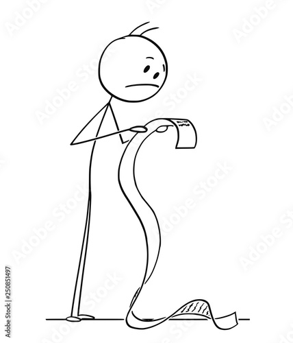 Cartoon stick figure drawing conceptual illustration of frustrated man reading very long bill or document.