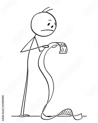 Cartoon stick figure drawing conceptual illustration of frustrated man reading very long todo or to do list or checklist.