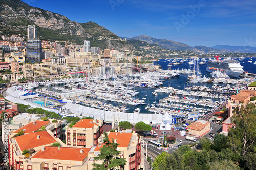 Elevated view of Monte Carlo and harbor in the Principality of Monaco, Western Europe on the Mediterranean Sea. © GISTEL