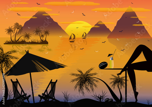 My island. The girl on the island. A fabulous romantic holiday in nature near the sea. Around the mountain, yachts. The enchanting sunset delighted anyone who would rest here.