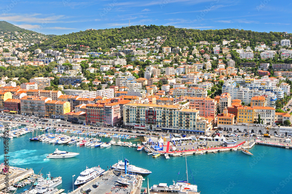 Port du Nice (Nice's port) as seen from above in La Colline du Chateau in Nice, France.