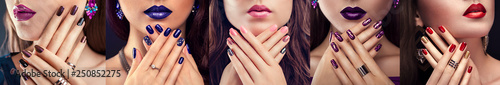 Five types of purple nail design. Beautiful woman with perfect make-up, manicure and jewellery. Fashion