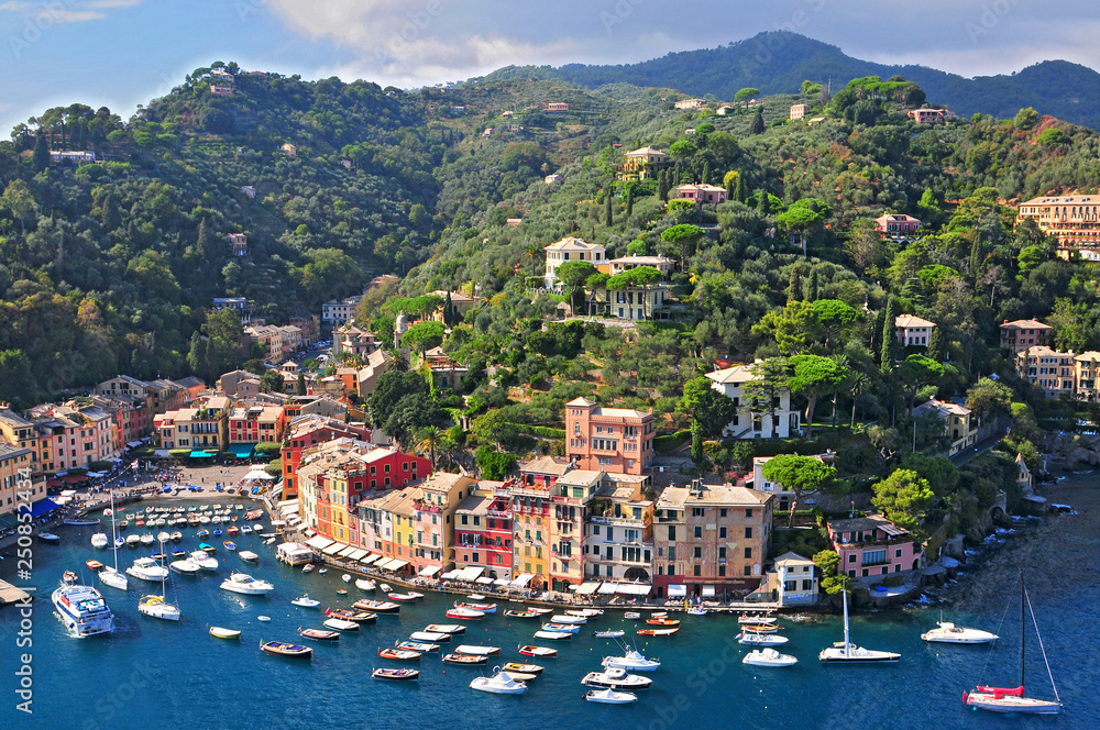 Liguria Portofino View of harbor with moored boats and pastel colored houses lining the bay with trees on hills behind, Italy.