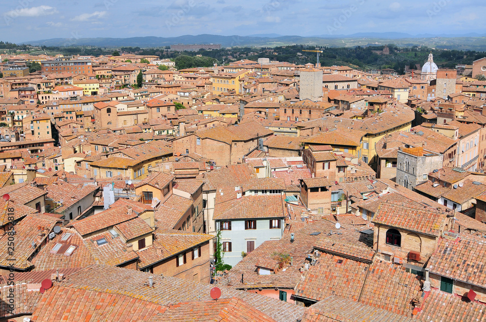 Looking over the Siena rooftops and Roman architecture, Italy.