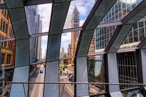 Old City Hall seen from inside the Helix Sky Bridge that links the Eaton Centre to the Hudson Bay Building, Toronto , Canada photo