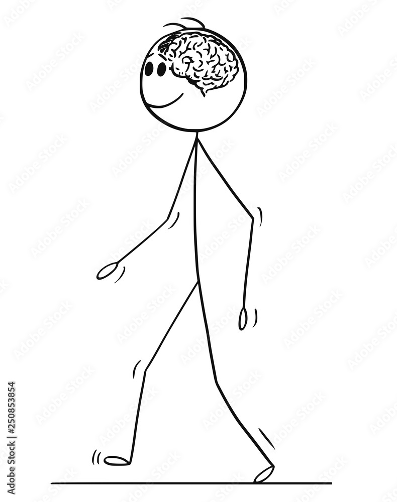 Cartoon stick figure drawing conceptual illustration of man walking with  brain visible in his head. Stock Vector | Adobe Stock