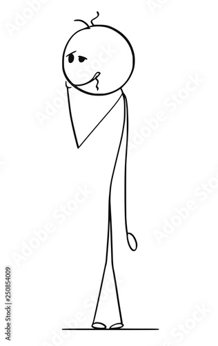 Cartoon stick figure drawing conceptual illustration of simple minded or idiot man standing in silly pose.