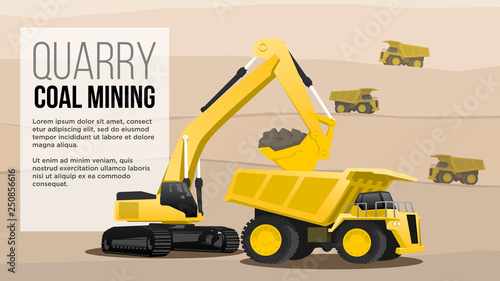 quary coal mininig  concept  haul heavy duty  truck loading from excavator  coal mining industry flat style illustration best for web and presentation