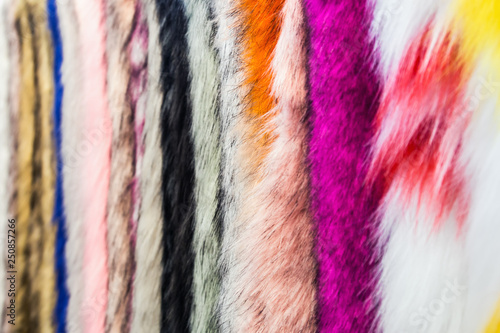 samples of different color of fur fabrics color background. Textile industry