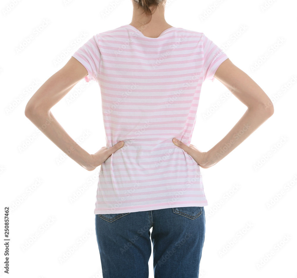 Obraz premium Young slim woman on white background, closeup. Weight loss