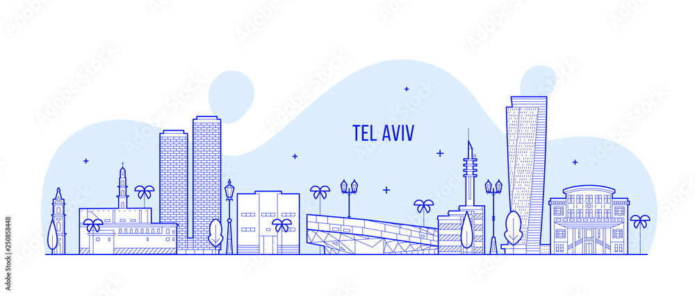 Fototapeta Panoramę Tel Awiwu Izrael miasto budynków linia wektorowa