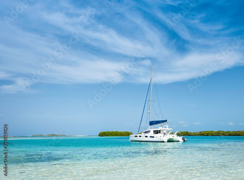 Catamaran anchored near de beach at Los Roques Archipelago Venezuela on a sunny day in a beautiful island