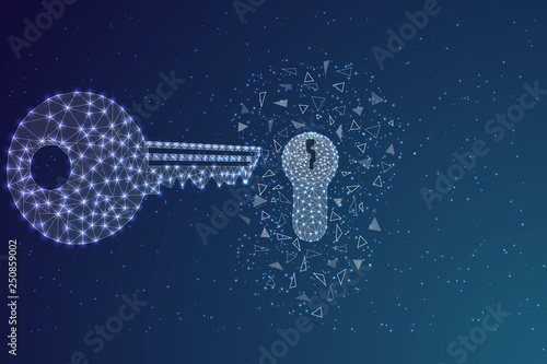 Key and keyhole in the night sky in the form of a constellation, Wireframe.