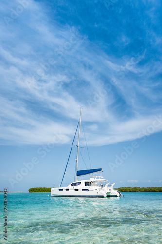 Catamaran anchored near de beach at Los Roques Archipelago Venezuela on a sunny day in a beautiful island