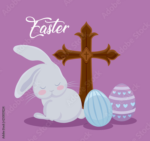 happy easter day card with cute rabbit and cross