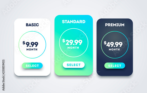 Vector pricing table set design for business. Price plan web hosting or service. Table chart comparison of tarif. 
