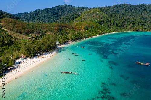 Aerial view of the beautiful coral reef and jungle around the remote Kyun Phi Lar (Greater Swinton) island in the Mergui Archipelago, Myanmar