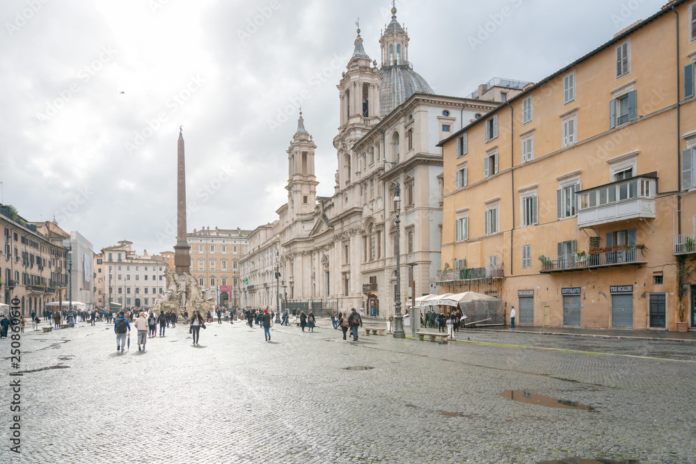 ROME, ITALY - January 17, 2019: Piazza di Spagna, The square is the famous Fontana della Barcaccia of the baroque period, Rome, ITALY