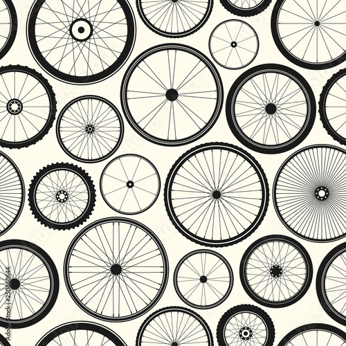 Bicycle wheel seamless pattern. Bike rubber mountain tyre, valve. Fitness cycle, mtb, mountainbike. Vector illustration.