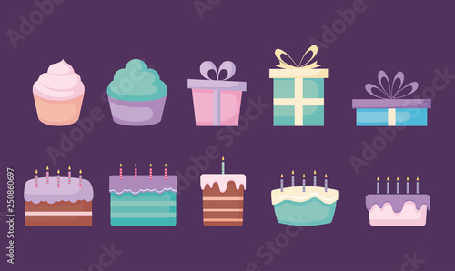 set of sweet cakes and gift boxes