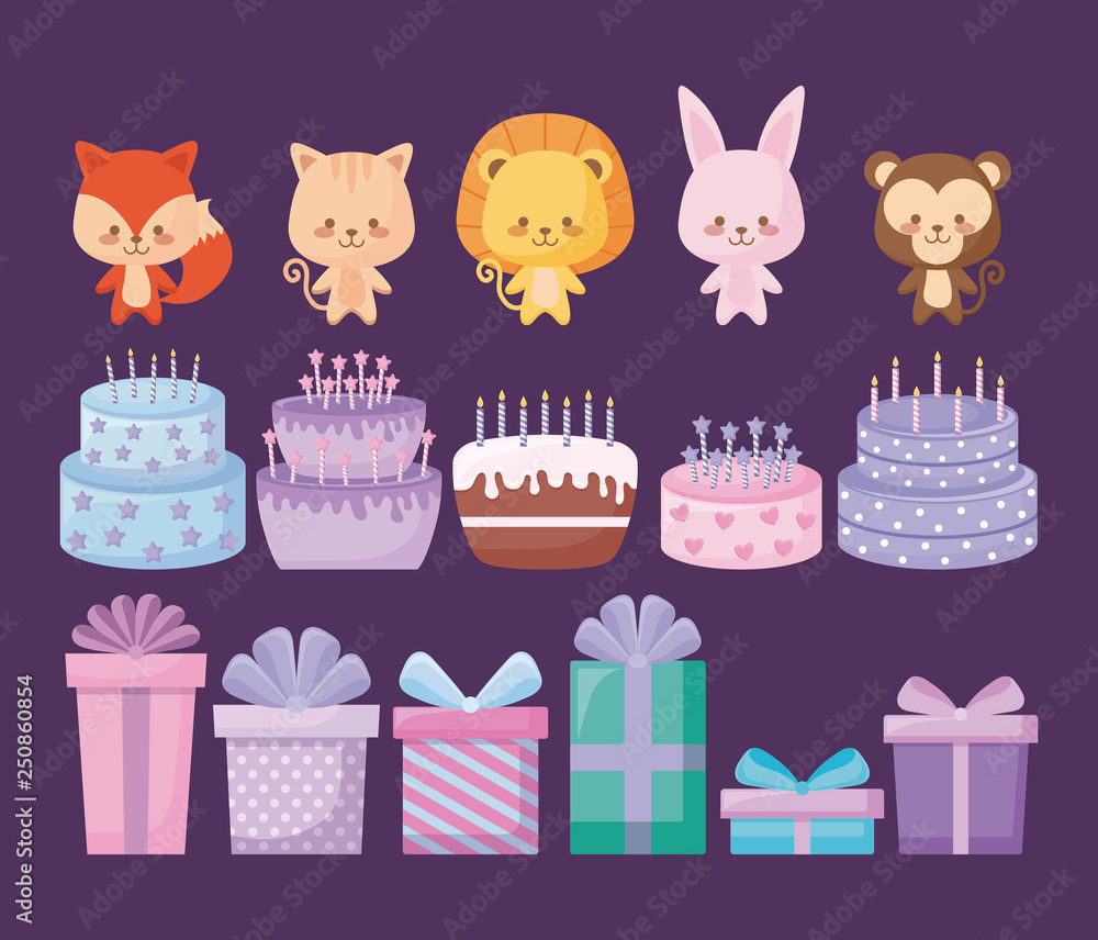cute animals with sweet cakes and gift boxes cute animals with sweet cakes and gift boxes