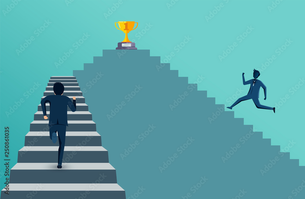 businessman competing run up on staircase go to trophy goal. destination, victory to success concept with idea. leadership concept. ladder to success business. cartoon vector illustration businessman competing run up on staircase go to trophy goal. destination, victory to success concept with idea. leadership concept. ladder to success business. cartoon vector illustration