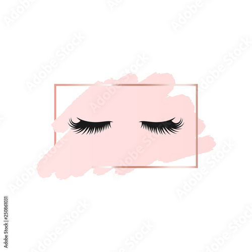 Lashes on abstract pink brush background with rectangle geometric frame rose gold color. Logo background for beauty