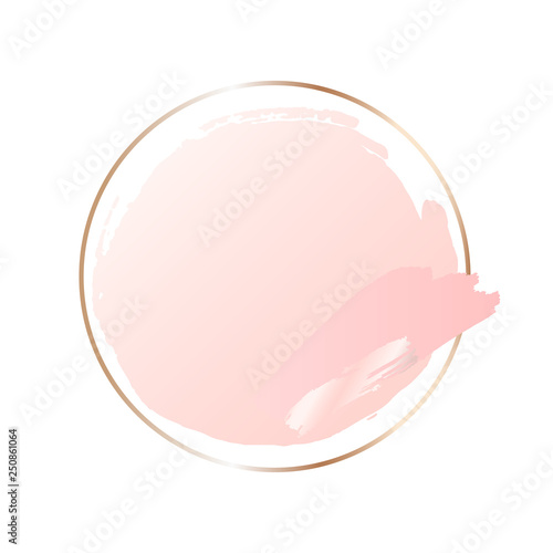 Abstract pink brush background with round geometric frame rose gold color. Logo background for beauty and fashion