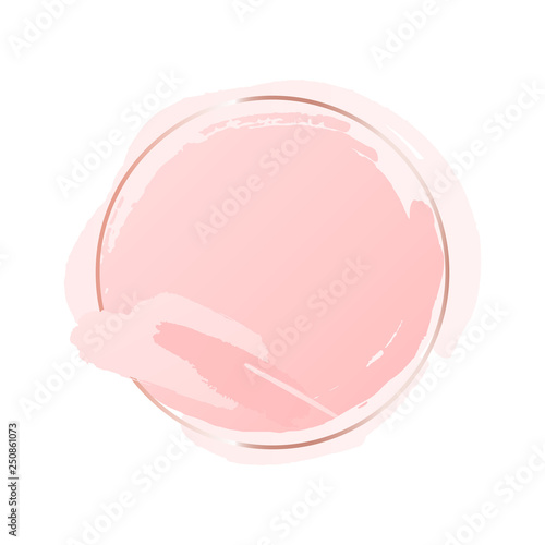 Abstract pastel pink brush background with round geometric frame rose gold color. Logo background for beauty and fashion