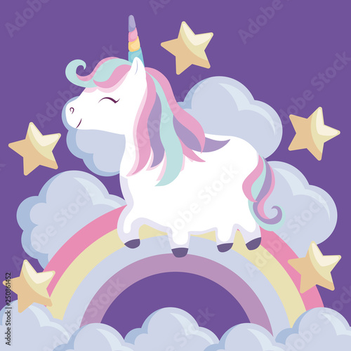 cute unicorn with rainbow and clouds