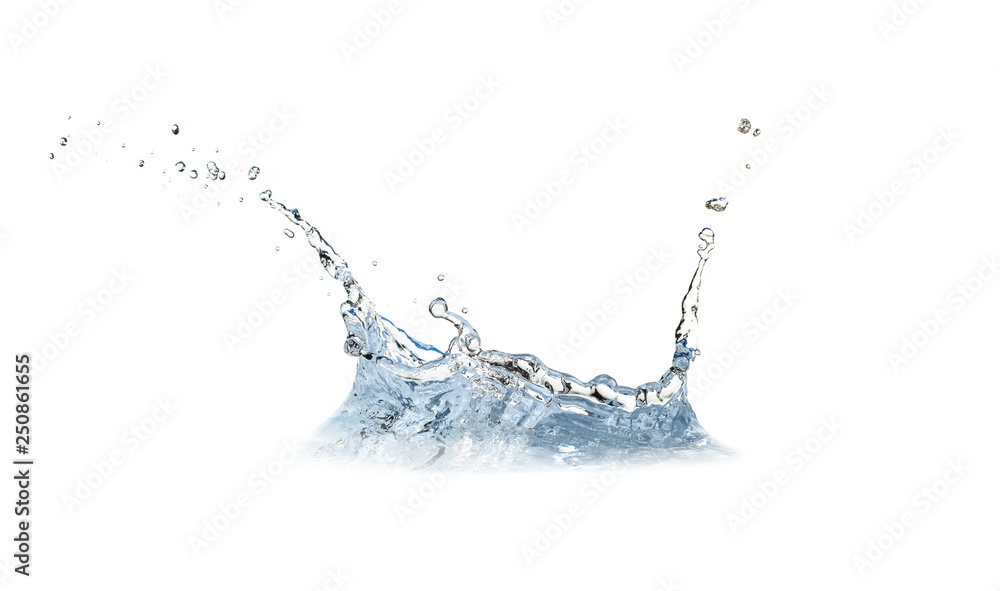 Blue water, water drop splash isolated on white background