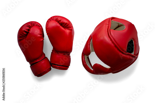 Two red Boxing gloves and a protective Boxing helmet isolate on a white background 3