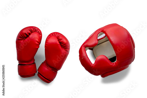 Two red Boxing gloves and a protective Boxing helmet isolate on a white background 2