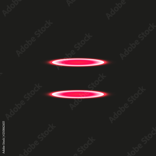 Magic fantasy portal. Futuristic teleport. Light effect. Red candles rays of a night scene with sparks on a transparent background. Empty light effect of the podium. Disco club dancefloor