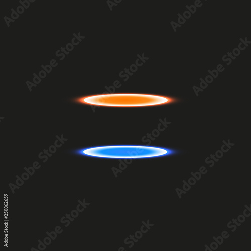 Magic fantasy portal. Futuristic teleport. Light effect. Blue and yellow candles rays of a night scene with sparks on a transparent background. Empty light effect of the podium. Disco club dancefloor