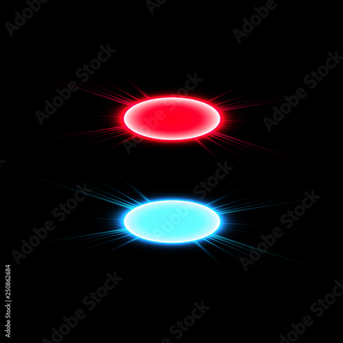 Magic fantasy portal. Futuristic teleport. Light effect. Blue and red candles rays of a night scene with sparks on a transparent background. Empty light effect of the podium. Disco club dancefloor