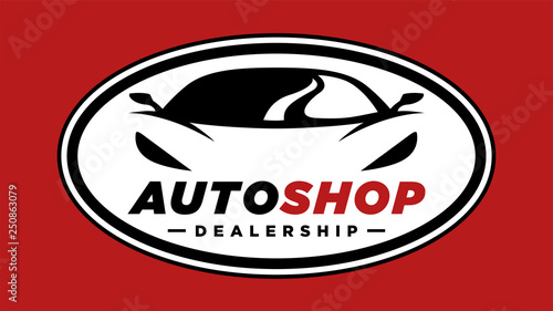 Auto shop sports car dealership logo with silhouette icon of a conceptual shape performance motor vehicle badge template on red background. Vector illustration. 